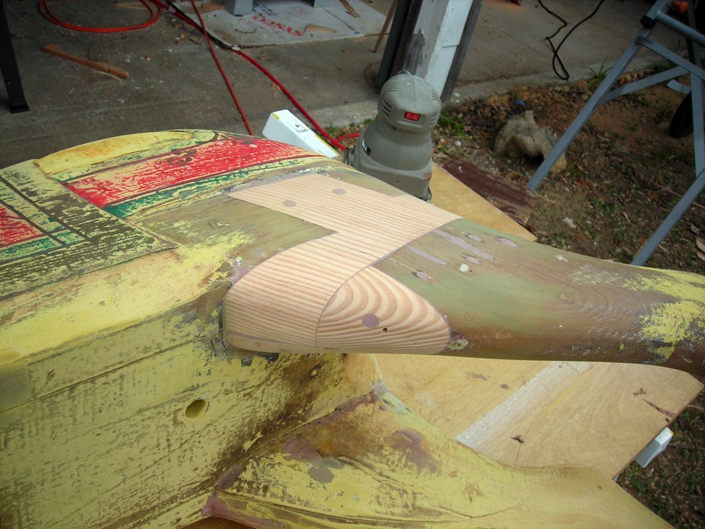carousel horse leg repair, new wood cut and sanded to reattach the leg to the body of the wooden hobby horse